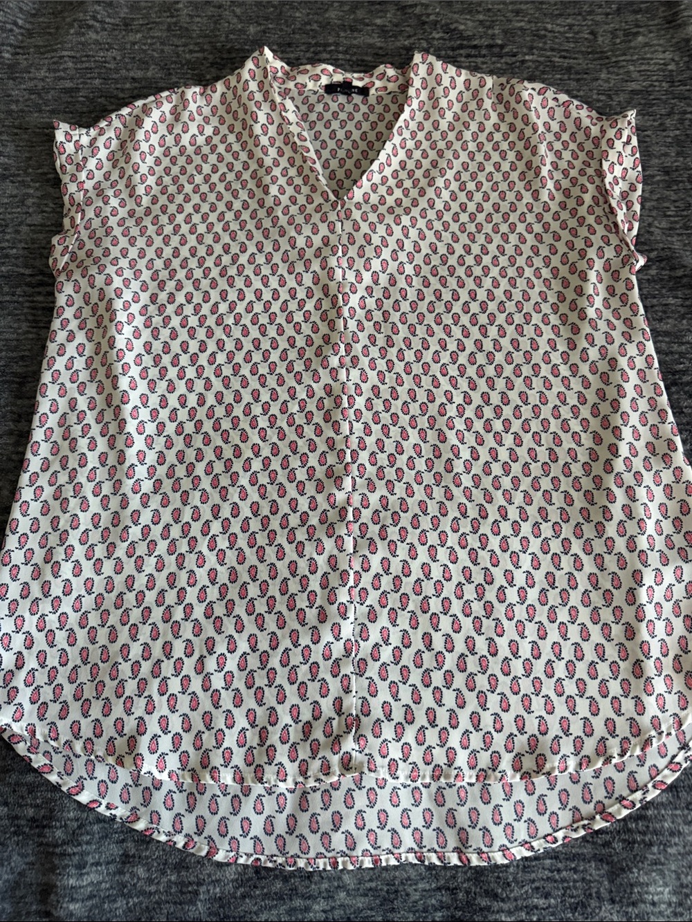 Pleione White V-Neck Blouse with Pink Paisley Print